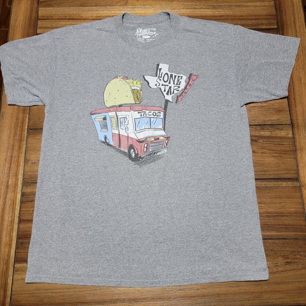 State Love Grey Unisex Tee "Lone Star Tacos" Taco Truck - Size Large